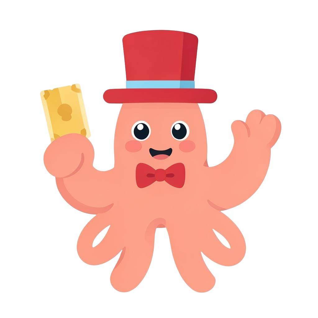 Kraken the carnival ringmaster holding a golden ticket